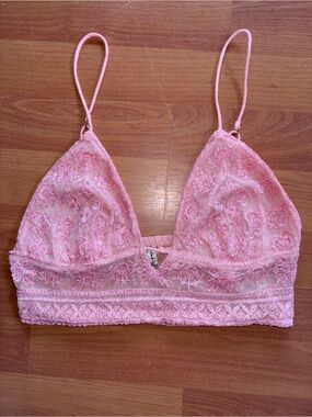 Free People Pink Sheer Lace Bralette with Embroidered Cups